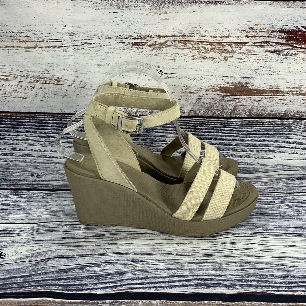 Crocs A Leigh Wedge Il Ankle Strap Beige Leather Sandals Shoes, Women's Size 8